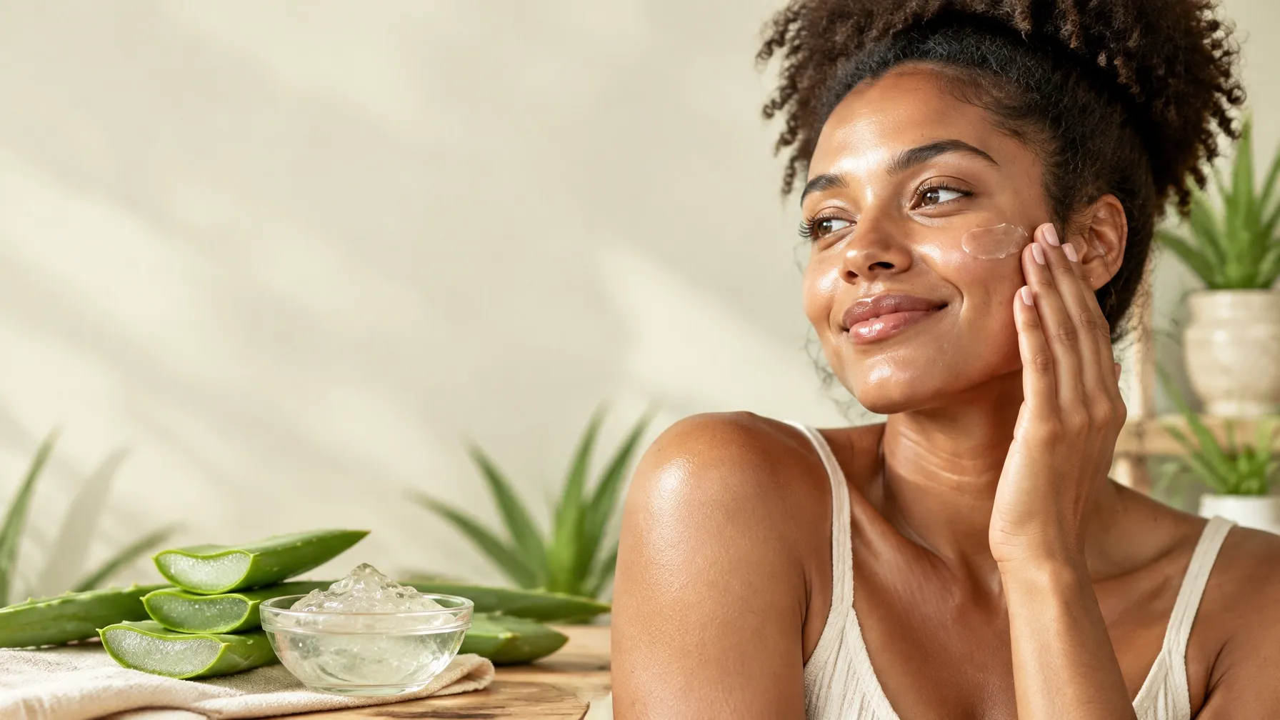 A woman with natural textured hair holding fresh aloe leaves beside a bowl of raw aloe gel